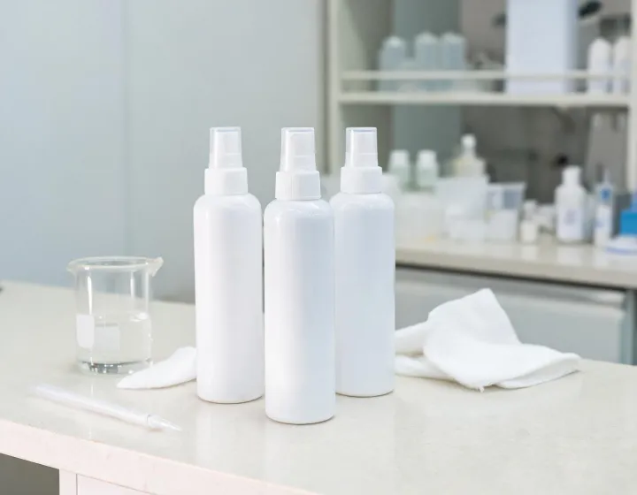 mineral sunscreen spray on a cosmetics bench, illustration only