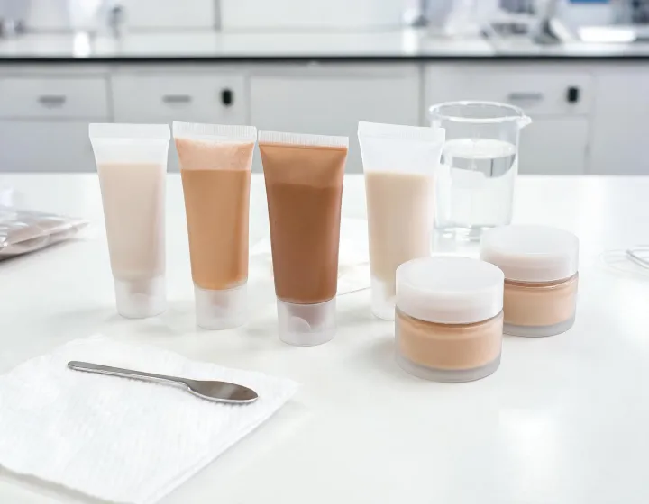 tinted mineral sunscreen on a cosmetics bench, illustration only