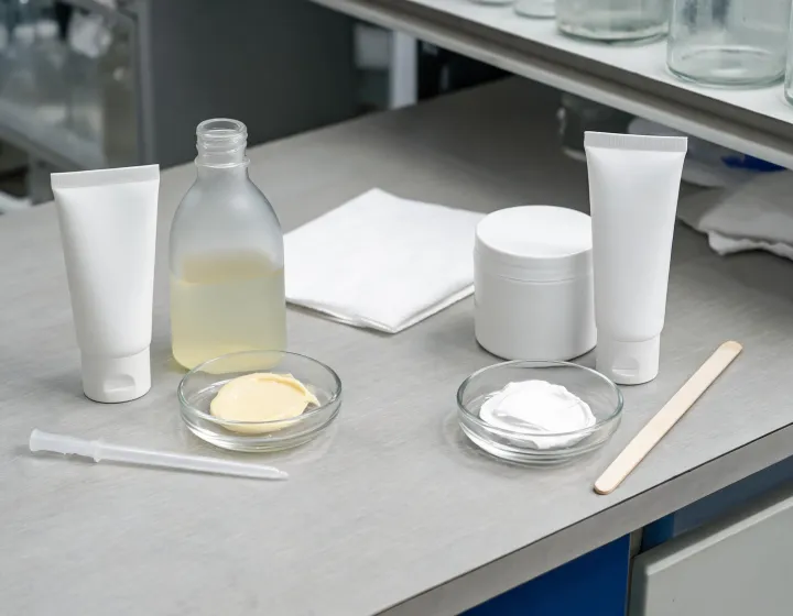 chemical vs mineral sunscreen on a cosmetics bench, illustration only